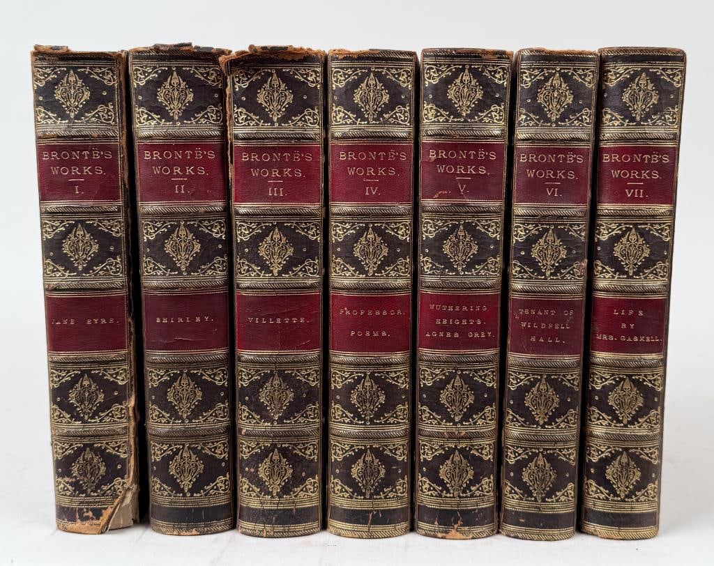 Seven Bronte's Works Leather Bound Books: The Life and Works of Charlotte Bronte and Her Sisters. London: Smith, Elder, & Co., 1884-1885. Seven volumes. Elaborately decorated spines, marbled endpapers and marbled edges. 8" high, 5 5/8" wide,