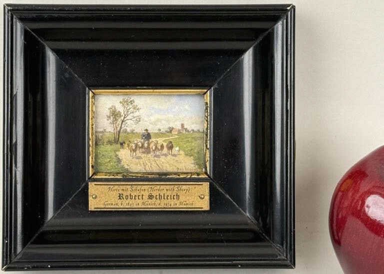R.S. Schleich, Miniature, Sheep Herder: Robert Schleich (German, 1845-1934), oil on masonite, signed "Rob Schleich" lower right. Frame size: 5 3/4" high, 6 1/2" wide. Image sight: 1 3/4" high, 2 1/2" wide. Wear to gilt. Not examined out of