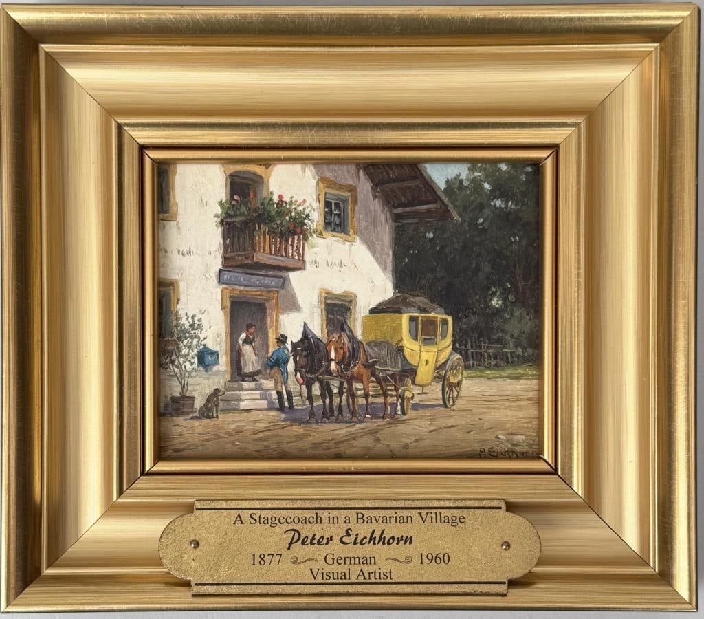 P. Eichorn, Bavarian Village: Peter Eichorn (German, 1877-1960), oil on board, signed "P. Eichorn" lower right. Inscribed, also with Littauer Munchen label, verso. Frame size: 6 3/4" high, 7 3/4" wide. Image sight: 3 3/8" high, 4