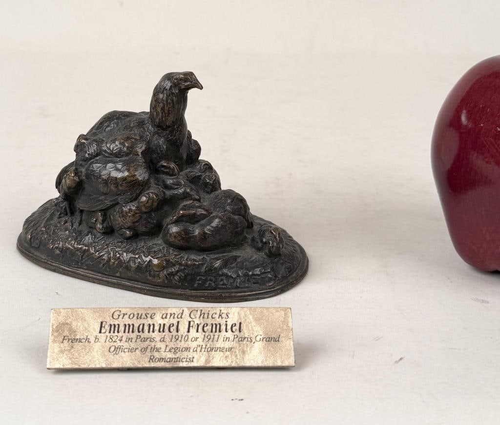 E. Fremiet, Bronze Sculpture Grouse & Chicks: Emannuel Fremiet (French, 1824-1910), signed "E. Fremiet" on base. 3 3/8" high, 4 3/4" wide, 2 7/8" deep. Patina wear.