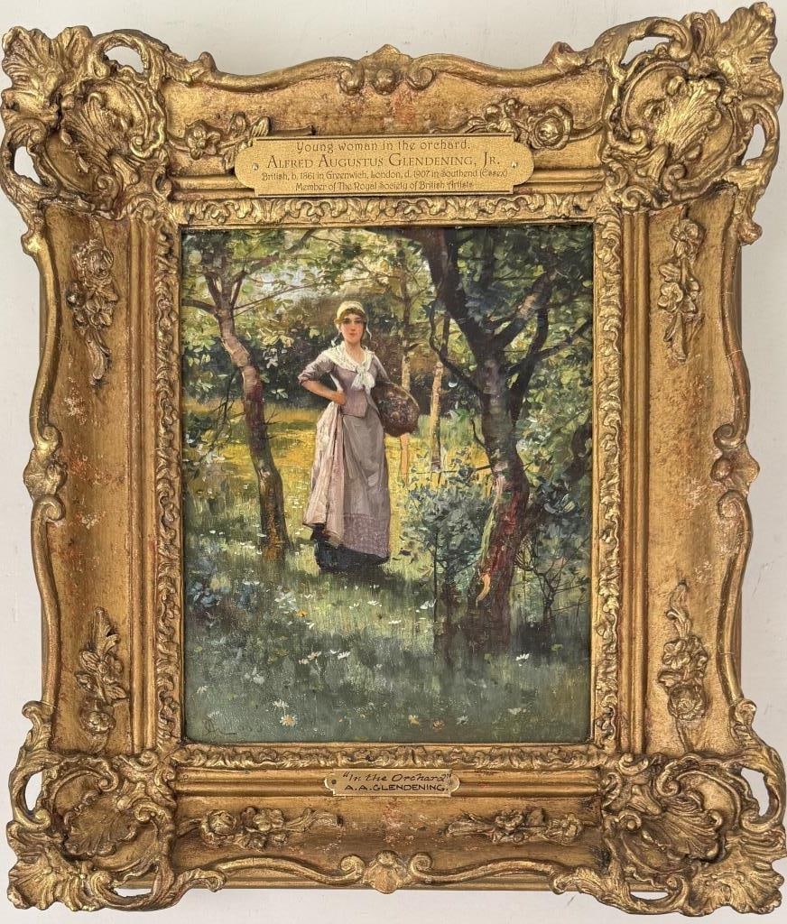 A.A. Glendening, Jr., Young Woman in the Orchard: Alfred Augustus Glendening, Jr. (British, 1861-1907), oil on canvas, signed and dated "1883" lower left. Frame size: 15" high, 13 1/4" wide. Image sight: 9 1/4" high, 7 3/8" wide. Restorations.