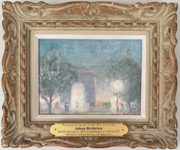 J. Berthelsen, Washington Square Park, NYC: Johann Berthelsen (American, 1883-1972), oil on artist's board, signed "Johann Berthelsen" lower right. Frame size: 10" high, 12" wide. Image sight: 5 3/8" high, 7 3/8" wide. Frame losses.