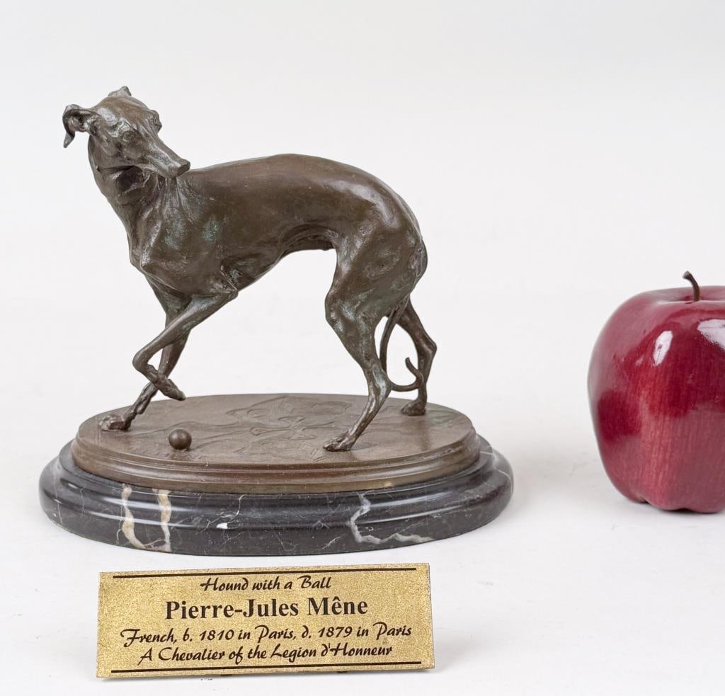 P.J. Mene, Bronze Whippet Dog With Ball: Pierre Jules Mene (French, 1810-1879), signed "PJ Mene" and "Susse F Ed" for Gigi Susse Fondeur foundry. 6 1/4" high, 7 3/4" wide, 4 3/4" deep. Oxidation.