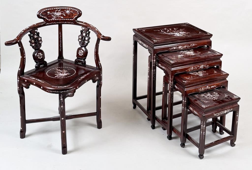 Four Asian MOP Inlaid Nesting Tables, Corner Chair (1 of 13)