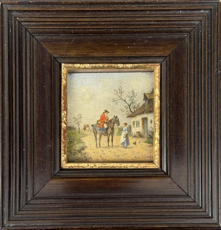 R. Schleich, The Farewell: Robert Schleich (German, 1845-1934), oil on masonite, signed "Rob Schleich" lower right. Frame size: 10" high, 10" wide. Image sight: 2 1/2" high, 2 3/8" wide. Frame wear. Not examined out of frame.