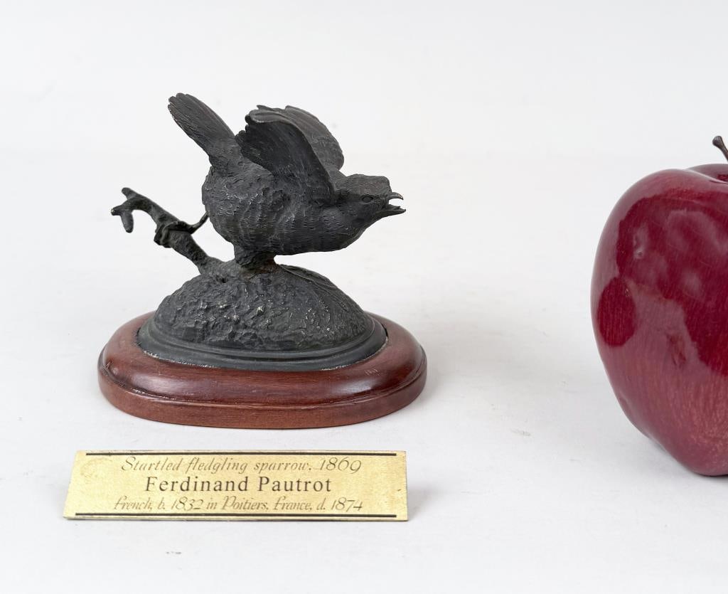 F. Pautrot, Bronze "Startled Fledgling Sparrow": Ferdiand Pautrot (French, 1832-1874), signed "Pautrot" on base. 4" high, 4 1/2" wide, 3 1/4" deep. Crack, bent wing; patina wear.