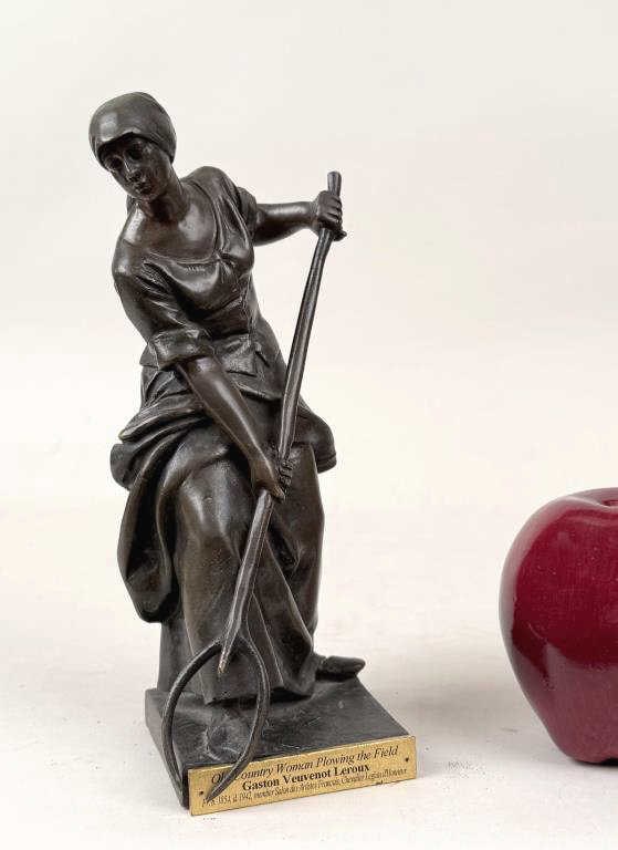 G.V. Lerouse, Bronze Sculpture Woman Plowing Field: Gaston Veuvenot Leroux (French, 1854-1942), signed "Leroux 49" on base. 8" high, 3" wide, 3" deep. Light patina wear.