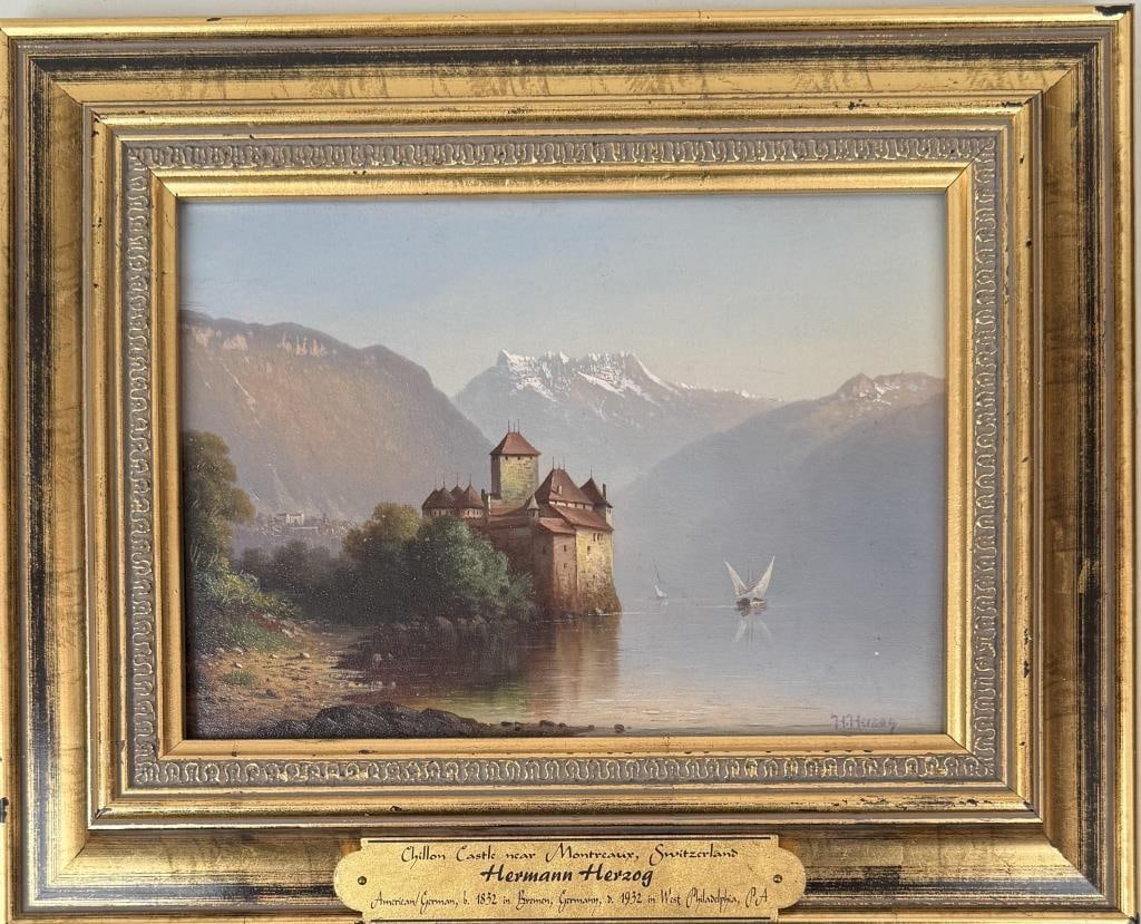 H.O. Herzog, View of Chillon Castle: Hermann Ottomar Herzog (German-American, 1832-1932), oil on board view of Chillon Castle near Montreaux, Switzerland, signed "H. Herzog" lower right. Frame size: 10 3/8" high, 12 7/8" wide. Image sigh