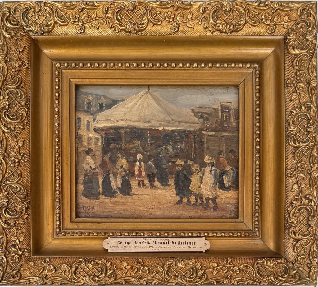 G.H. Breitner, Merry Go Round: George Hendrik Breitner (Holland, 1857-1923), oil on board, signed "GHB" lower left. Frame size: 12 1/4" high, 13 3/4" wide. Image sight: 6" high, 7 1/2" wide.