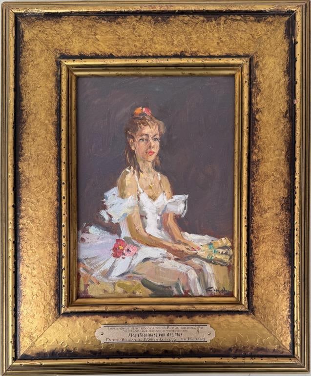 N. Van der Plas, Russian Ballerina: Niek (Nicholaas) Van der Plas (Dutch, b. 1954), oil on board of ballerina, signed lower right and inscribed verso "VanderPlas". Frame size: 15 5/8" high, 13 1/8" wide. Image sight: 9" high, 6 1/2" wid