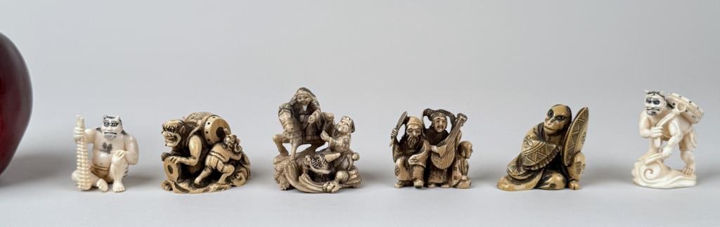 Group Six Signed Japanese Carved Bone Netsukes (1 of 7)