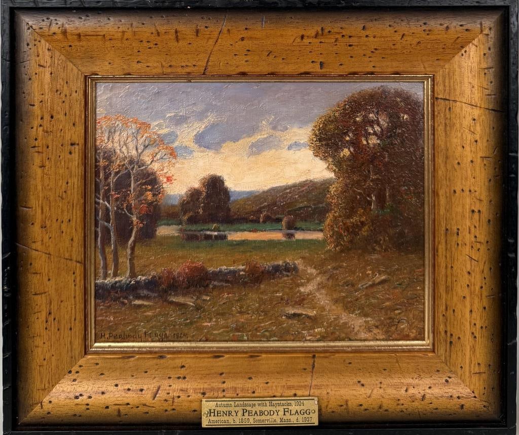 H.P. Flagg, Autumn Landscape & Haystacks 1924: Hiram Peabody Flagg (MA, NY, 1858-1937), oil on board, signed "H. Peabody Flagg 1924" lower left. Frame size: 12 1/8" high, 14 1/8" wide. Image sight: 7 1/4" high, 9 1/4" wide. Provenance: Eldred's, E