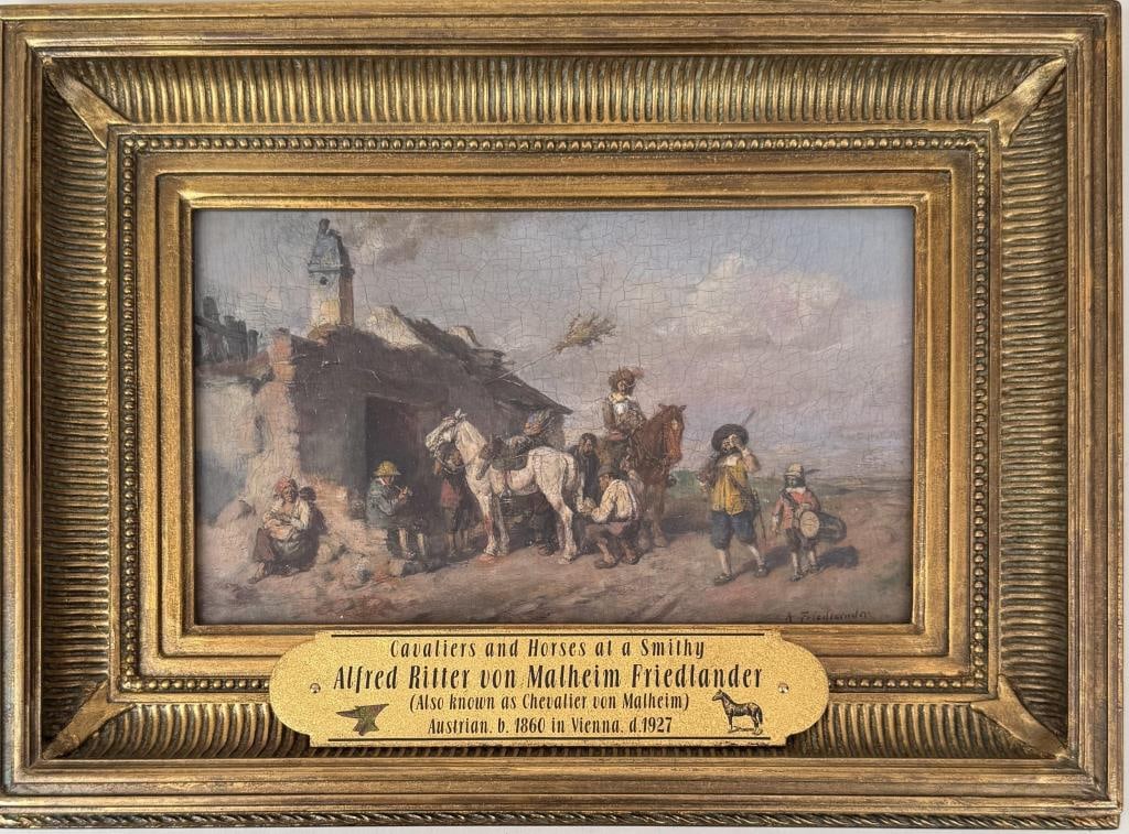 A. Friedlander, Cavaliers & Horses At The Smithy: Alfred (Ritter von Malheim) Friedlander (Austria, 1860-1927), oil on board, signed "A. Friedlander" lower right. Frame size: 9" high, 12 1/2" wide. Image sight: 4 1/2" high, 7 7/8" wide. Craquelure.