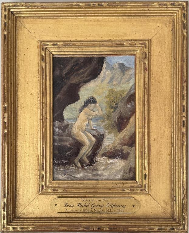 L.M.G. Eilshemius, Nude By The Sea: Louis Michael (Michel) George Eilshemius (American, 1864-1941), oil on canvas, signed "Eilshemius" lower left. Frame size: 13 3/4" high, 11 1/4" wide. Image sight: 7 5/8" high, 5" wide. Exposed margin