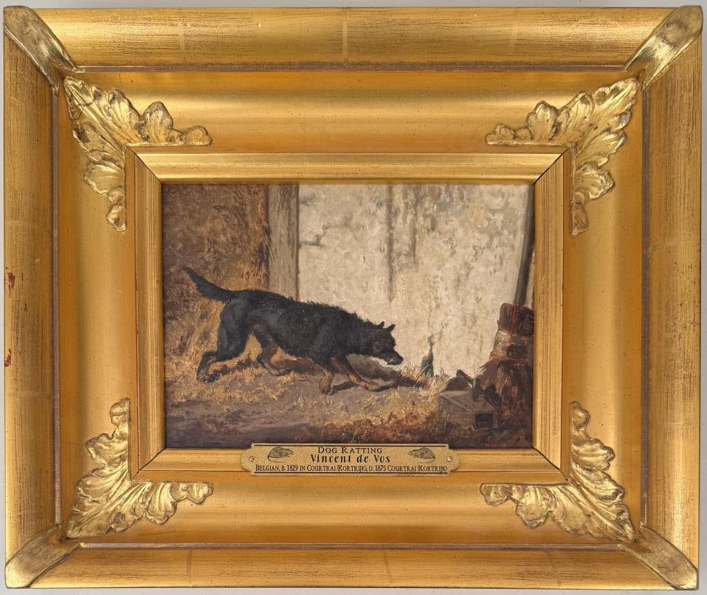 J.V. de Vos, Dog Ratting: Joos Vincent de Vos (Belgian, 1829-1875), oil on canvas, signed "De Vos" lower left. Inscribed verso. Frame size: 12" high, 14 3/8" wide. Image sight: 5 3/4" high, 8 1/8" wide. Gilt wear to frame. Pro