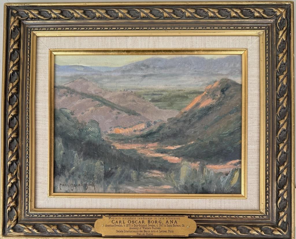 C.O. Borg, Panoramic Valley Landscape In Afternoon: Carl Oscar Borg, ANA (American, 1879-1947), oil on artist board, signed "Carl Oscar Borg" lower left. Frame size: 14 1/4" high, 17 1/4" wide. Image sight: 10 1/2" high, 6 5/8" wide. Frame losses.