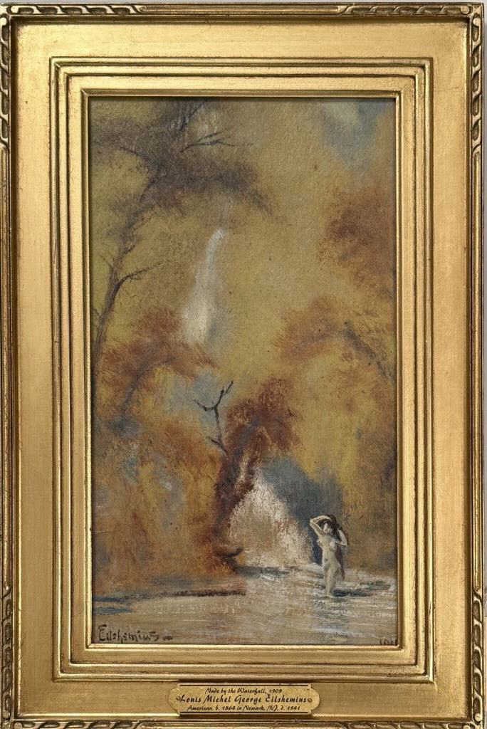 L.M.G. Eilshemius, Nude By The Waterfall: Louis Michel George Eilshemius (American, 1864-1941), oil on board, signed "Eilshemius" lower left; dated "1909" lower right. Frame size: 17 3/4" high, 12" wide. Image sight: 13 3/8" high, 7 5/8" wide