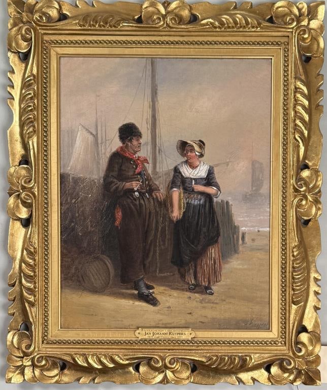 J. Kuypers, Dock Scene With Couple: Jan (Johann) Kuypers (Dutch 1819-1892), oil on board, signed "J Kuypers" lower right. Frame size: 24" high, 19 3/4" wide. Image sight: 17" high, 13 1/4" wide. Craquelure, re-varnished.
