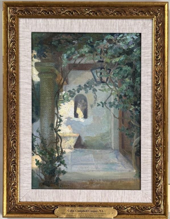 C.C. Cooper, Dappled Courtyard: Colin Campbell Cooper, NA (CA, PA, 1856-1937), oil on artist's board, signed "Colin Campbell Cooper" lower left. Frame size: 18 1/8" high, 14 1/8" wide. Image sight: 13 3/8" high, 9 1/2" wide. Areas o