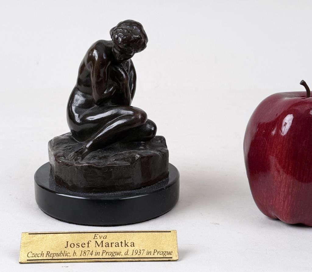 J. Maratka, Bronze Sculpture Eva: Josef Maratka (Czech Republic, 1874-1937), nude figure of a woman seated on a rock, signed "J. Maratka - Eva" on base, also signed "Eranta Anuz". 5 1/4" high, 4" diameter.