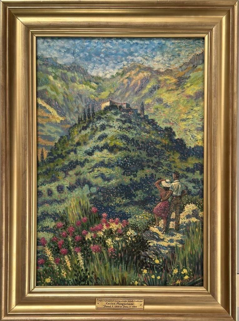 L. Neuquelman, Pointillist Hillside Landscape: Lucien Neuquelman (French, 1909-1988), oil on board, landscape with figures, signed "L Neuquelman" lower right. Inscribed "L'ete a Gorbio" verso. Frame size: 22 1/2" high, 16 7/8" wide. Image sight: 1