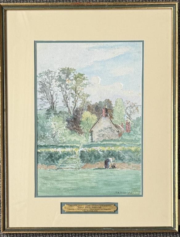 F.H. Shapleigh, Woman Picking Flowers: Frank Henry Shapleigh (American, 1842-1906), watercolor on paper, signed "FH Shapleigh" lower right. Frame size: 20 3/8" high, 15 7/8" wide. Image sight: 13 1/2" high, 9 3/8" wide. Light foxing. Not e