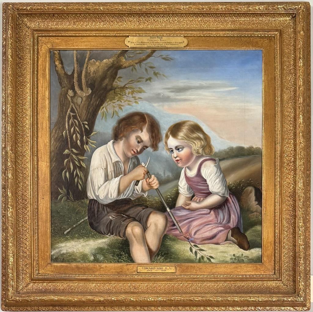 E. Bird, Country Friends: Edward Bird (British, 1772-1819), oil on canvas, signed "E. Bird" lower left. Young boy whittling while a girl looks on. Frame size: 26 1/2" high, 26 1/2" wide. Image sight: 18 1/4" high, 18 1/4" wide