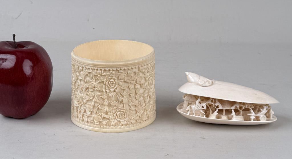 Intricate Chinese Carved Bone Clam Cityscape (1 of 7)