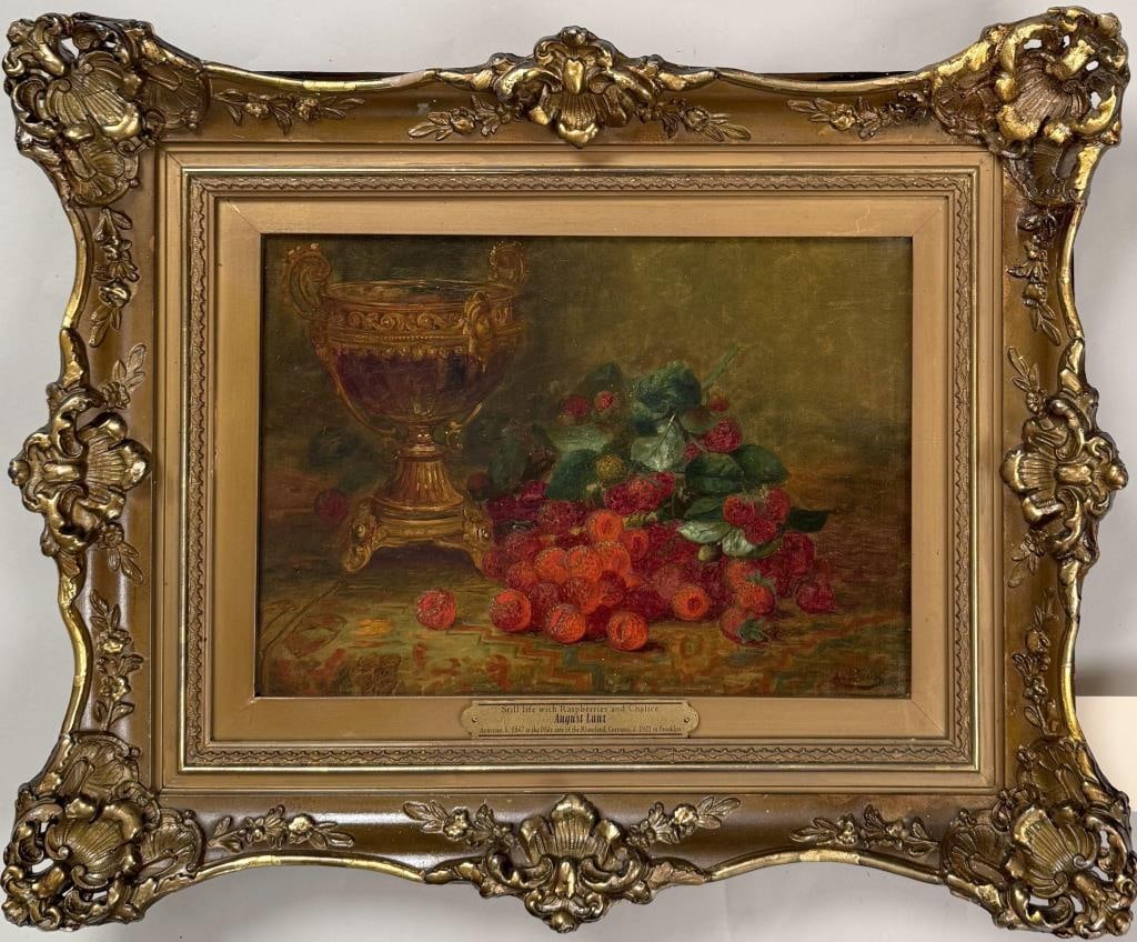 A. Laux, Still Life Raspberries & Chalice: August Laux (Ger./Am. 1847-1921), oil on canvas, signed "A. Laux" lower right. Frame size: 17 3/4" high, 22" wide. Image sight: 9 5/8" high, 13 5/8" wide.