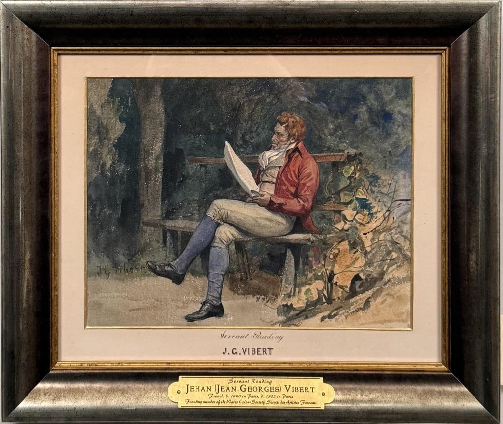 J. Vibert, Servant Reading: Jehan (Jean-Georges) Vibert (French, 1840-1902), watercolor on paper, signed "JG Vibert" lower left. Frame size: 13 5/8" high, 16" wide. Image sight: 8 1/4" high, 10 5/8" wide. Toning. Not examined ou