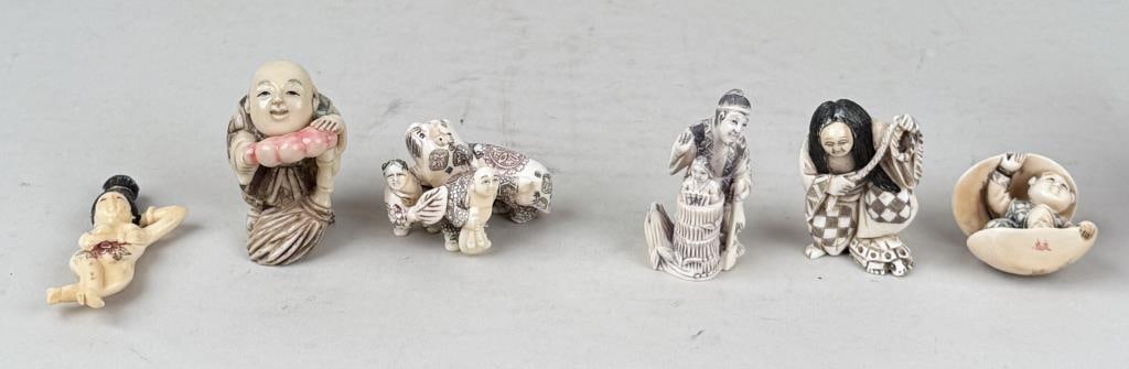 Six Japanese Polychrome Carved Bone Figures (1 of 9)