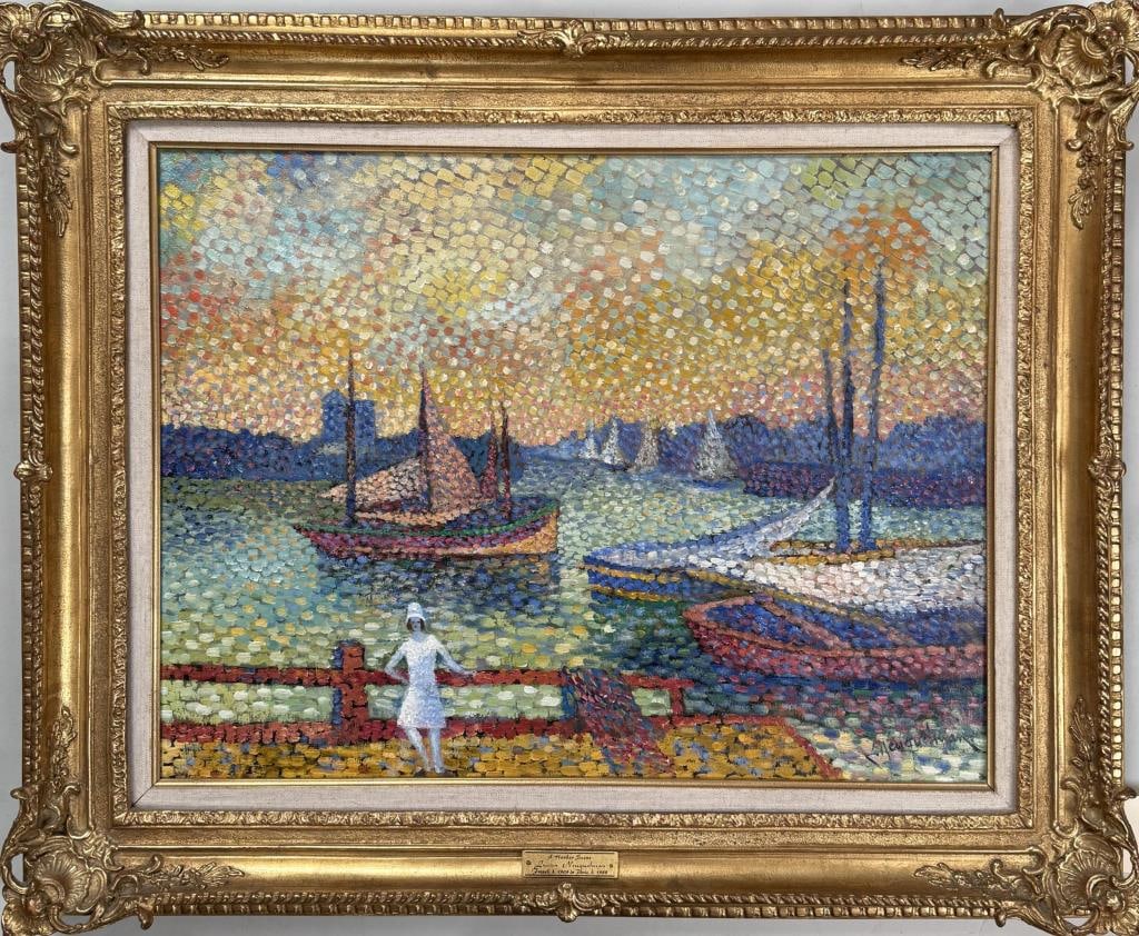 L. Neuquelman, Pointillist Harbor Scene: Lucien Neuquelman (French, 1909-1988), oil on canvas, signed "L. Neuquelman" lower right. Frame size: 27" high, 33" wide. Image sight: 19 1/8" high, 25" wide. Scattered craquelure.