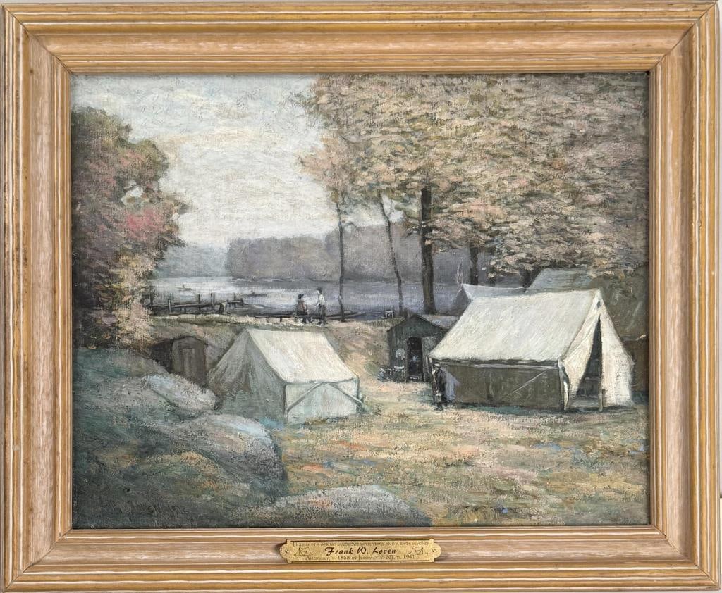 F.W. Loven, Landscape With Tents: Frank W. Loven (Am.,1868-1951), oil on canvas, signed "FW Loven 1912" lower left. Frame size: 17 7/8" high, 21 3/4" wide. 13 7/8" high, 17 5/8" wide. Craquelure, canvas warp; frame wear.