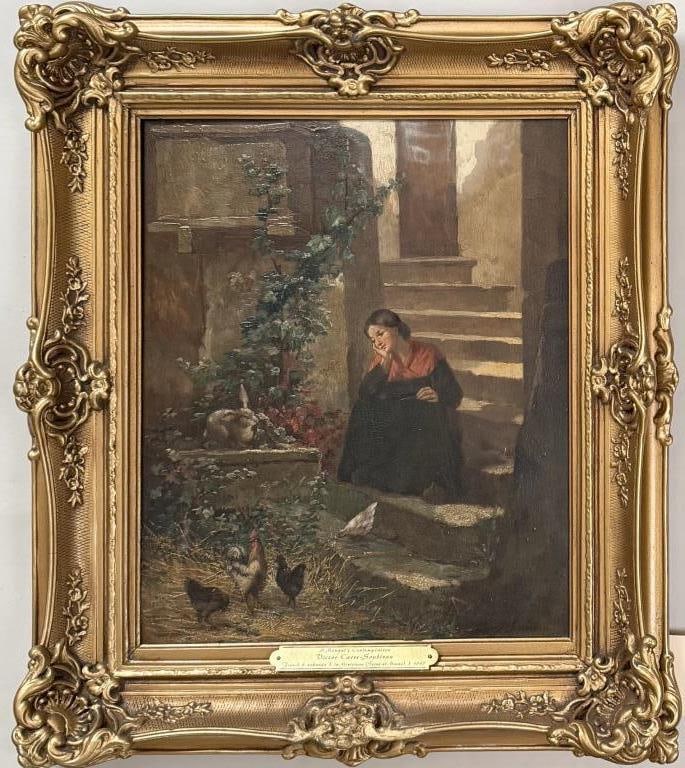 V. Carre-Soubiran, A Moment's Contemplation: Victor Carre-Soubiran (French, d. 1897), oil on board, signed "Carre-Soubiran" lower right. Woman in contemplation on steps with rabbit and chickens. Frame size: 22 1/4" high, 19 1/4" wide. Image sigh