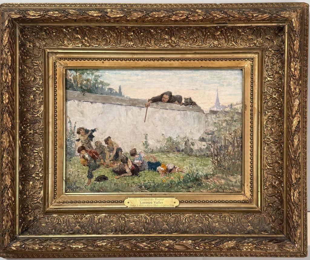 L. Valles, Guarding The Vineyard: Lorenzo Valles (Spanish, 1830-1910), oil on board, signed "J. Valles" lower right. Monk and dog chasing children over wall. Frame size: 17 1/2" high, 21 1/4" wide. Image sight: 8 5/8" high, 12 1/4" wi