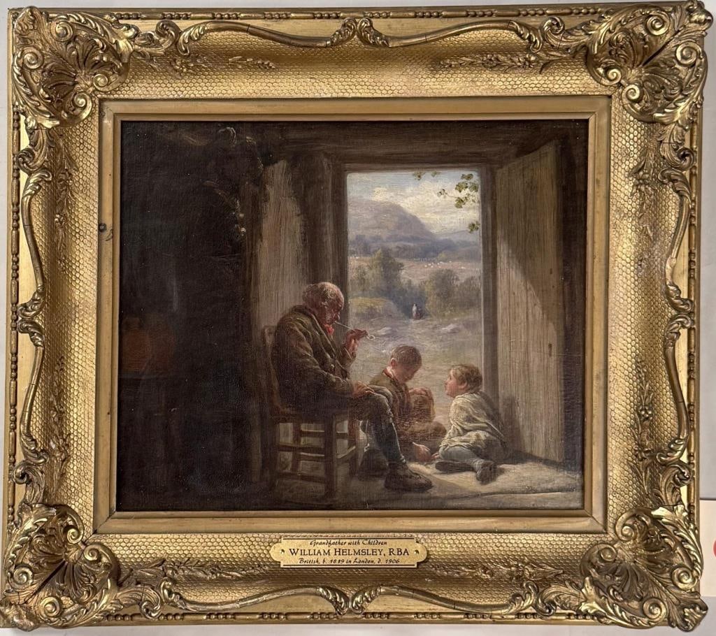 W. Helmsley, Grandfather With Children: William Helmsley, RBA (British, 1819-1906), oil on board, faintly signed lower left. Frame size: 15 1/8" high, 17 1/4" wide. Image sight: 9 1/2" high, 11 1/2" wide. Uneven varnish; frame wear, repairs
