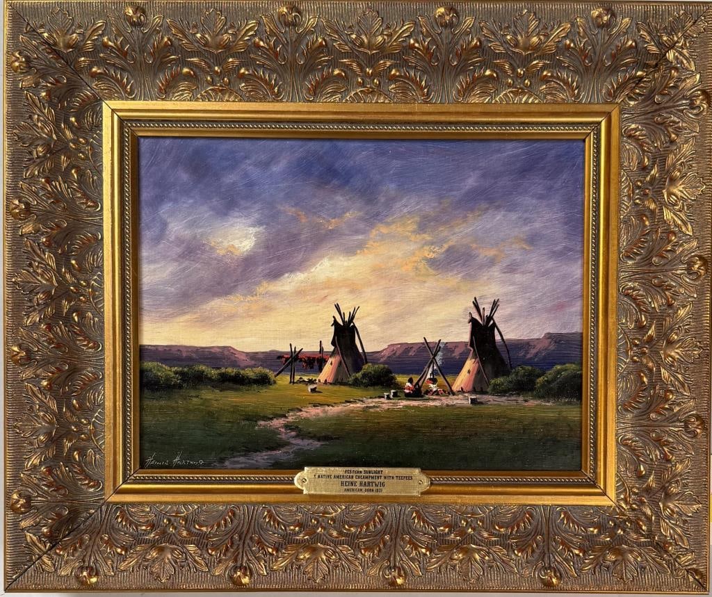 H. Hartwig, Western Sunlight: Heinie Hartwig (American, b. 1937), oil on masonite, Native American encampment with teepees. Signed "Heine Hartwig" lower left; inscribed "Western Sunlight" verso. Frame size: 14 1/4" high, 17 1/4" w