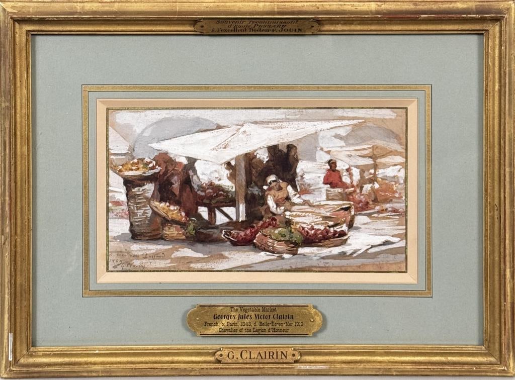G.J.V. Clairin, Vegetable Market: Georges Jules Victor Clairin (French, 1843-1919), watercolor on paper of a woman in market scene, signed "A Mon Ami Passard 1869. G. Clairin" lower left. Frame size: 12 1/8" high, 16 3/8" wide. Image