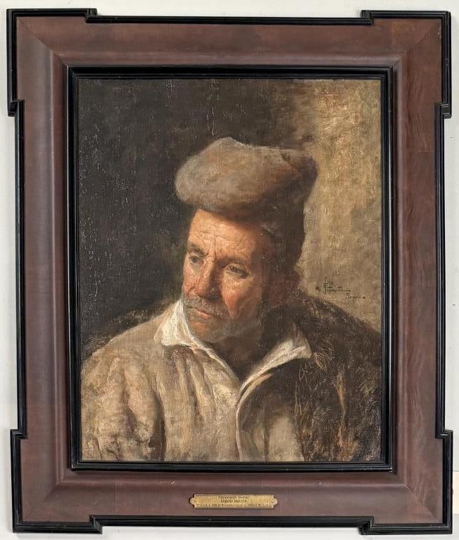 E. Saporetti, A Fisherman Of Napoli: Edgardo Saporetti (Italian, 1865 - 1909), oil on canvas laid on masonite, signed "E. Saporetti Napoli" mid-right. Frame size: 28 5/8" high, 24 3/4" wide. Image sight: 20 5/8" high, 16 5/8" wide. Frame