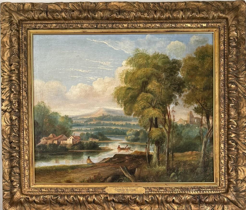 C. Magnus, Country In Autumn Afternoon: Camille Magnus (French, 1850-1877), Barbizon School oil on canvas of figures in rowboat on river with village and mountains in background, signed "Camille Magnus" lower left. Frame size: 28" high, 32