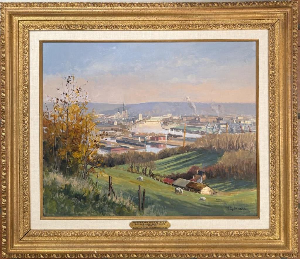 A. Puybareau, Panoramic Scene Overlooking Rouen: Annie Puybareau (French, b.1955), signed "Puybareau" lower right; inscribed verso. Frame size: 33 3/8" high, 38 3/4" wide. Image sight: 23" high, 28 1/4" wide. Craquelure.