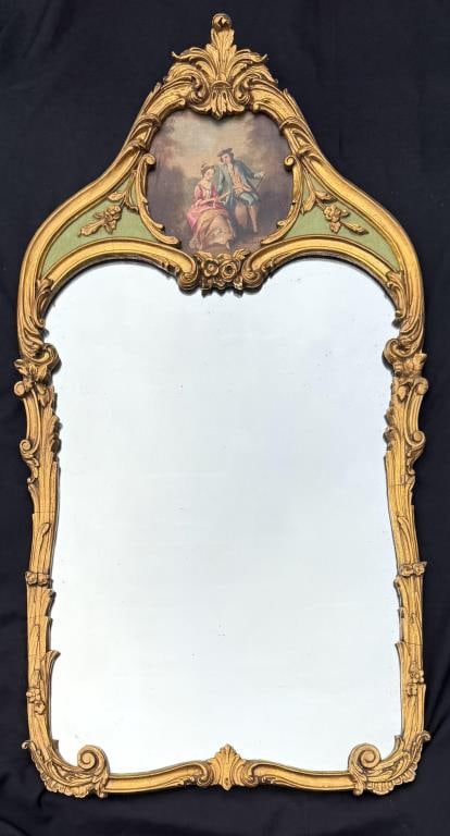 French Gilt Trumeau Mirror: with inset oil on canvas courting scene, signed "P. De Salto". Frame size: 41" high, 21 3/4" wide. Small frame chips.