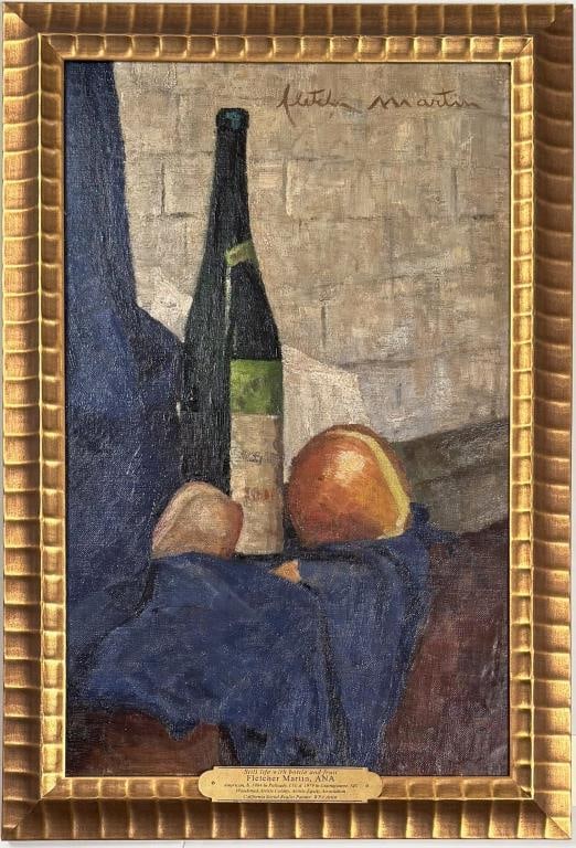 F. Martin, Still Life Bottle & Fruit: Fletcher Martin, ANA (American, 1904-1979), oil on artist's board, signed "Fletcher Martin" upper right. Frame size: 27 1/2" high, 18 3/4" wide. Image sight: 23 1/8" high, 14 1/2" wide. Warp to board.