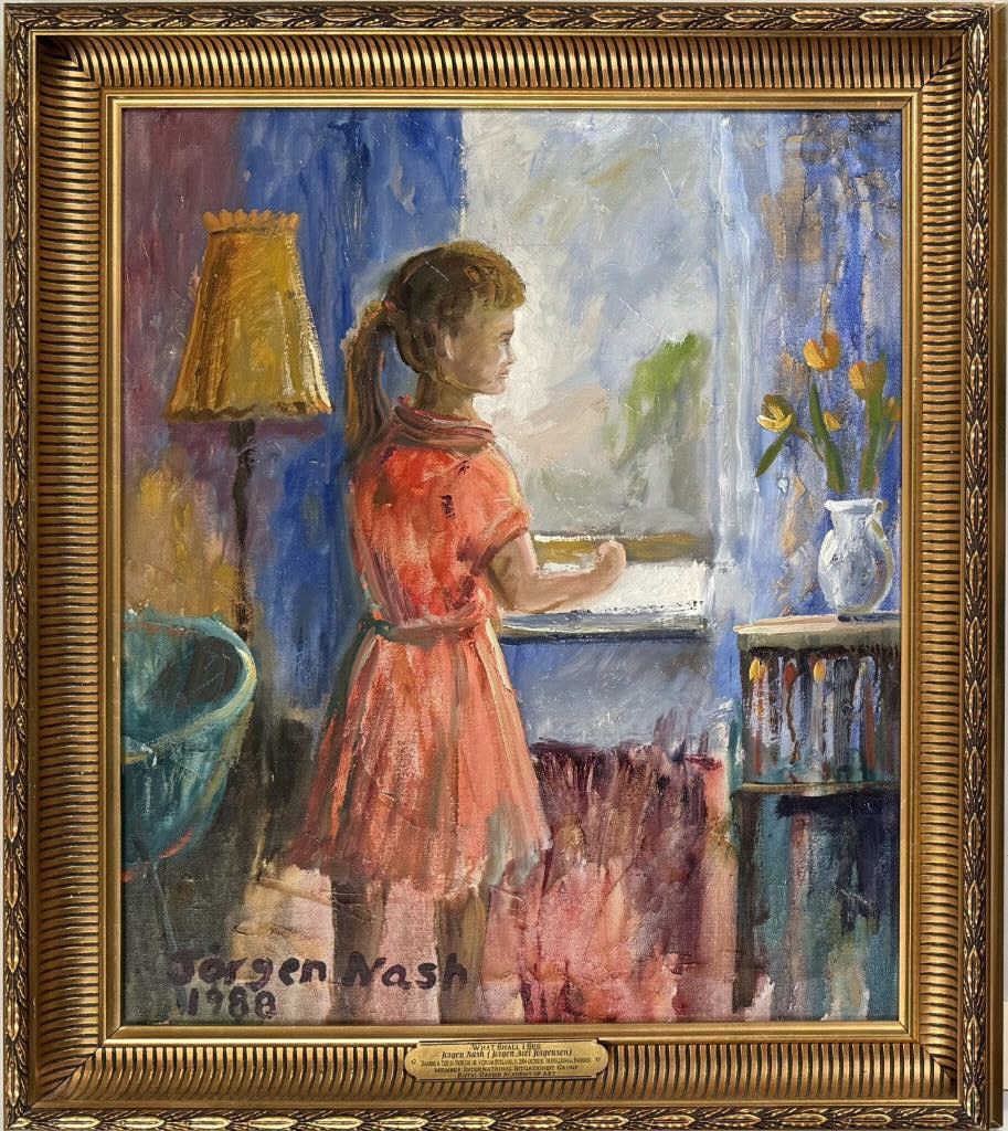 J. Nash, What Shall I See: Jorgen Nash (Danish, 1920-2004), oil on canvas of girl at window, signed "Jorgen Nash 1988" lower left. Frame size: 30" high, 26" wide. Image sight: 24 1/2" high, 20 1/2" wide.