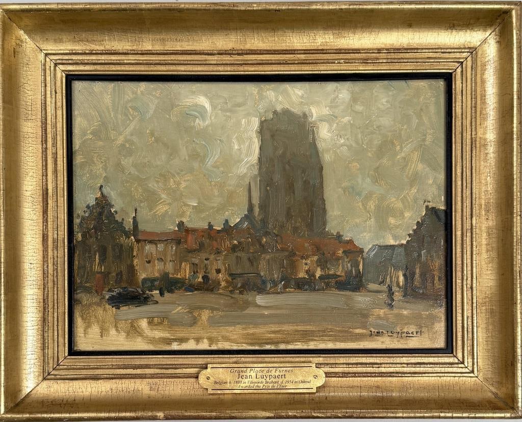 J. Luypaert, Grand Place: Jean Luypaert (Belgian, 1893-1954), oil on masonite, signed "Jean Luypaert" lower right. Inscribed "Grand Place de Furnes" with Casa Alberto Prevetton label, verso. Frame size: 13 3/4" high, 17 1/4" w