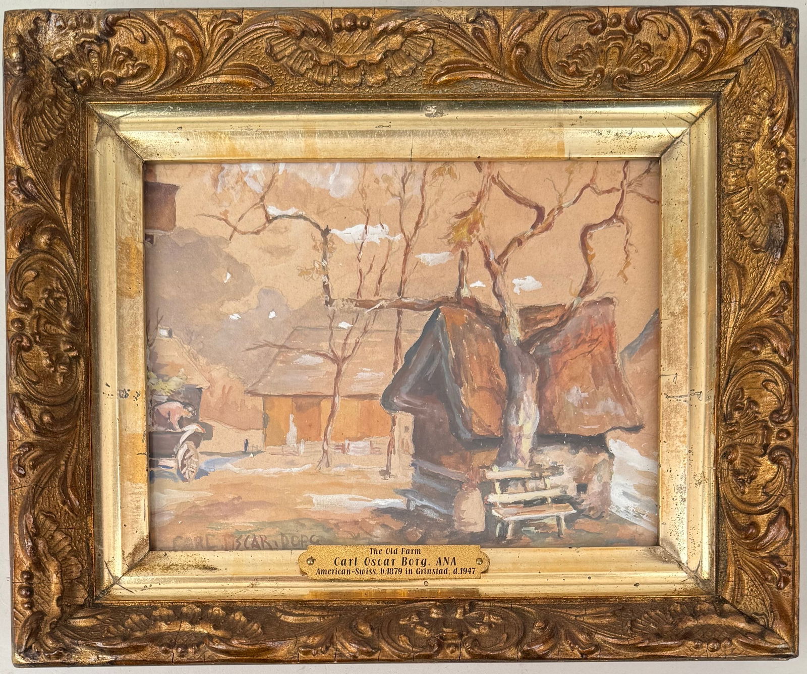 C.O. Borg, The Old Farm: Carl Oscar Borg, ANA (American, 1857-1923), oil on artist board, signed "Carl Oscar Borg" lower left. Frame size: 8 7/8" high, 10 7/8" wide. Image sight: 5 1/2" high, 7 3/8" wide. Frame wear. Not exam