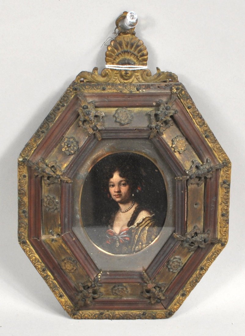 Continental School, Portrait of a Lady, Oil/Copper: Continental School, 18th C., Portrait of a Lady, oil on copper, unsigned, framed in an elaborate gilt metal and wood frame, not examined out of frame. Sight size: 3" high, 2 3/8" wide; frame size: 8 1