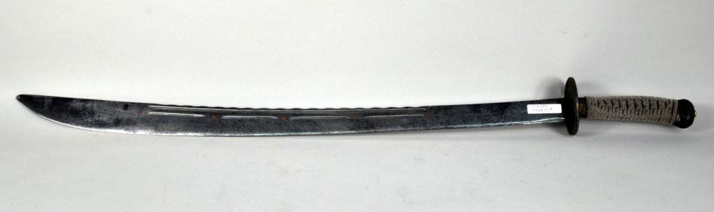 Chinese Sword, 19th/20th C.: Chinese sword, 19th/20th C., single edged brass inlaid curved blade with scalloped spine and six character inscription, deeply engraved guard and pommel, woven cloth grip. 29" blade, 35 1/2" overall