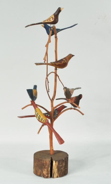 Folk Art Carved & Painted Bird Tree: Folk Art carved and painted bird tree, c. 1980 by Daniel & Barbara Strawser, Lancaster, Pennsylvania. 22" high, 9 1/2" wide.