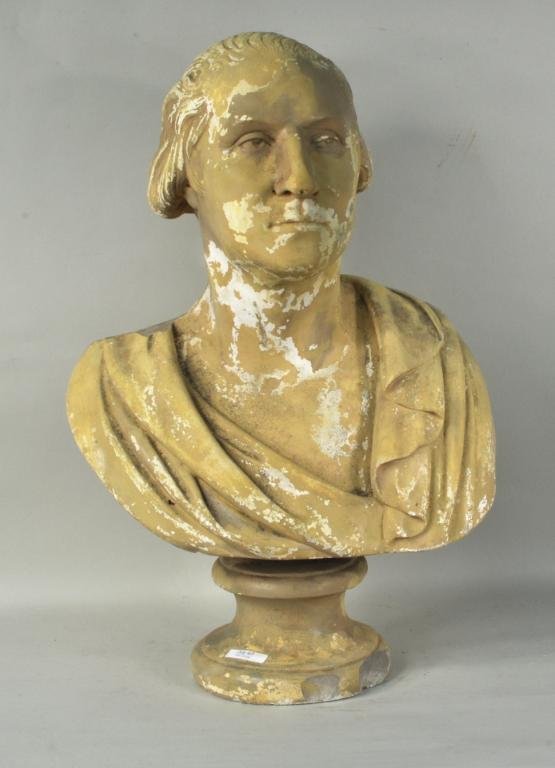 George Washington Plaster Bust: George Washington, plaster bust Bicentennial Edition, after Houdon. The first President one-quarter length classically attired, inscribed verso: 1732-1932, George Washington, Bicentennial Commission.